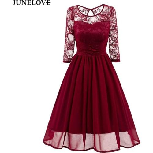 JuneLove New Autumn Dress Women Chiffon O Neck Patchwork Slim Party Dress Female Vintage Three Quarter Sleeve Vestidos