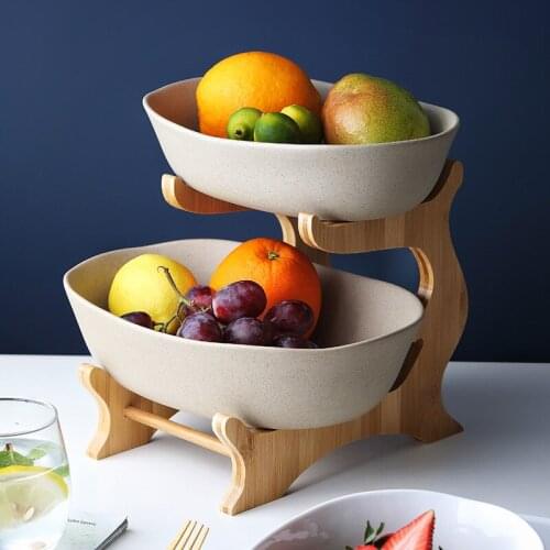 Ceramic Fruit Plate Two Layers Modern Living Room Creative Household Multi-layer Dry Fruit Bowl Snack Plate with Bamboo Shelf