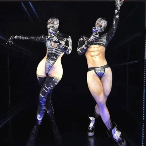 Festival Outfit Pole Dance Clothing Adults Nightclub Bar Men And Women Ds Dj Halloween Skull Masked Drill Print Jumpsuit DT2003