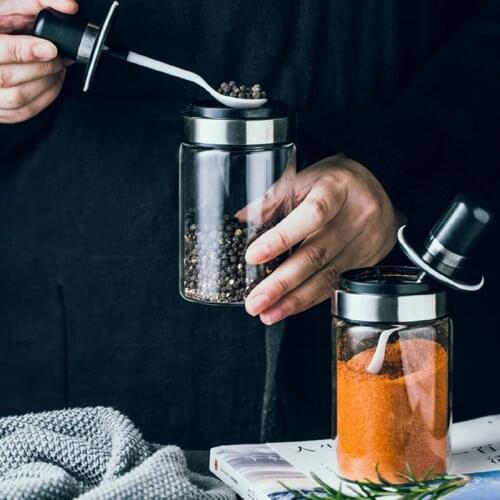 Creative glass seasoning bottle with spoon sealed pepper shaker salt shaker condiment bottle jar household Japanese kitchen uten