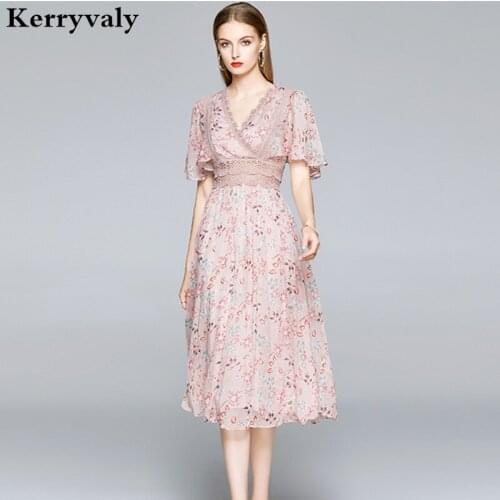 Summer Pink Printed Chiffon Dress Vestidos Casual Mujer 2021 Short-Sleeved Ruffled Lace Party Women Dress Moda Feminina K8620