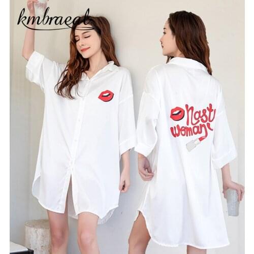 Summer Womens Pajamas V Neck Red Lips Shirt Nightdress Silk Like Nightgown Oversize Home Clothes Nightwear pijama mujer