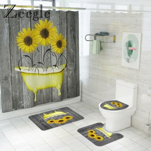 Sunflower Bath Mat and Shower Curtain Set Polyester Fibre Washable Bathroom Carpet Decor Toilet Seat Tank Cover Rug
