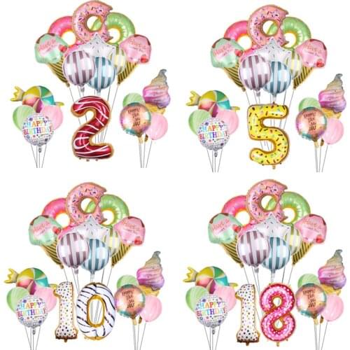 Sweet Donut Ice Cream Balloons Set Have a Sweet Day Foil Doughnut Number Helium Balloon Anniversary Birthday Party Decorations