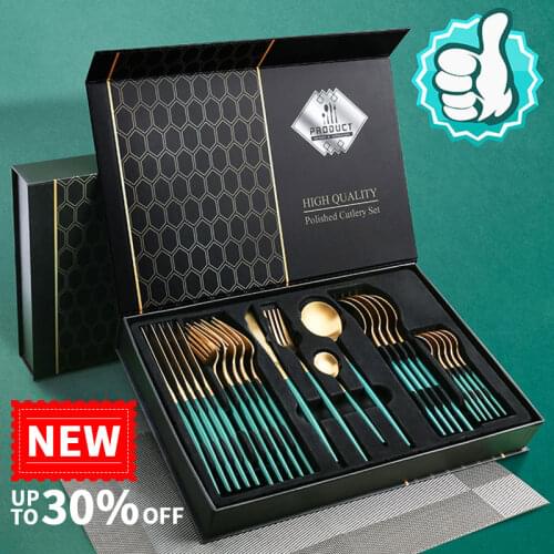 24PCS Stainless Steel Tableware Set Steak Knife Fork Dessert Coffee Spoon High-end Luxury Kitchen Cutlery Set Dishwasher Safe