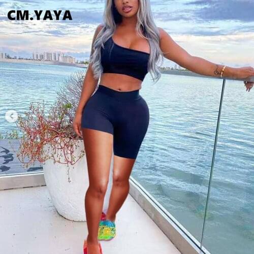 CM.YAYA Active Women Two 2 Piece Set Outfit One Shoulder Crop Tops and High Low Irregular Shorts Matching Set Jogger Tracksuit