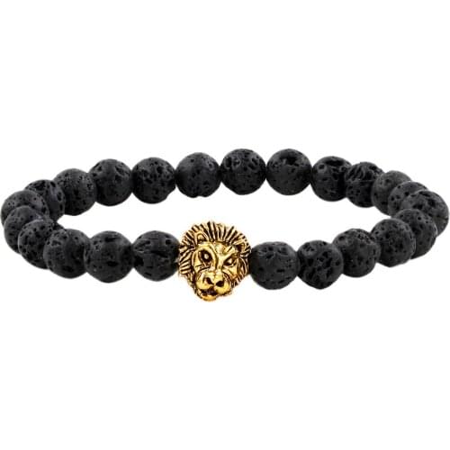 SUNYIK 8mm Black Lava Rock Stone Bracelet,Alloy Lion Head Beads Energy Healing Jewelry