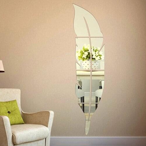 New arrival Mirror Feather Acrylic wall stickers Console dressing mirror Bedroom DIY art wall decor Gold silver color