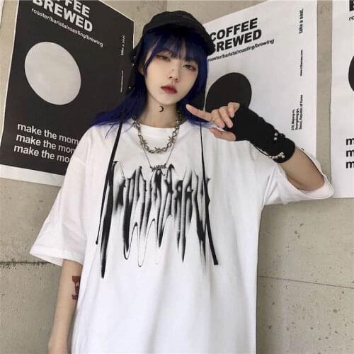 2021 Goth Tshirt Women T Shirt Summer Korean Ink Graffiti Top Loose Student Short-sleeved T-shirt Harajuku Dark
