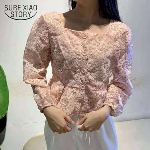 Embroidery Flowers Lace Blouse Women French Square Collar Spring Slim Shirts Ladies 5 Color Elegant Sweet Top Blusas Mujer 15599