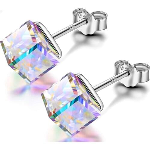 Luxury Female 4/6/8mm Square Crystal Earrings 100% Real 925 Sterling Silver Earrings For Women Charm Wedding Small Stud Earrings