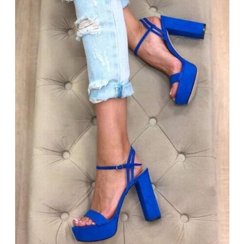 Moraima Snc Blue Suede High Heel Shoes Woman Summer Open Toe Platform Thick Heels Sandal Ankle Strap Party Dress Shoe