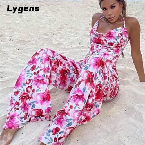 Lygens 2021 Autumn Sleeveless Halter Backless Floral Print Bodycon Jumpsuit Women Fashion Streetwear Sexy Outfits Club Party
