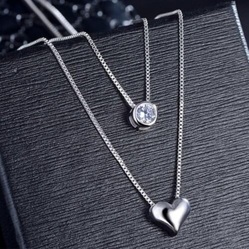 2019 New Wholesale Jewelry Silver Color Double Layers Collarbone Necklace Chain CZ Love-heart Pendant Necklace For Women