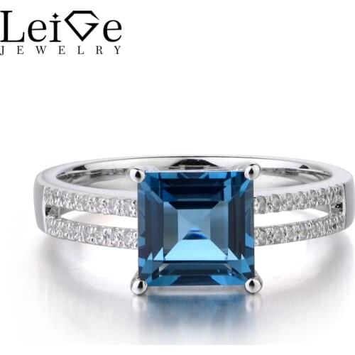 Leige Jewelry London Blue Topaz 925 Sterling Silver Ring Princess Cut Gemstone November Birthstone Engagement Rings for Her