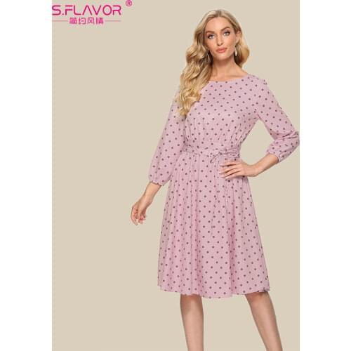S.FLAVOR Women Polka Dot Print Casual Dress 3/4 Sleeve O Neck A Line Party Dress For Female New Fashion Spring Summer Dresses