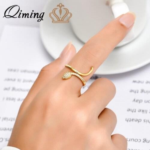 18K Gold Plated Cool Animal Snake Rings For Women Zircon Crystal Vintage Jewelry Adjustable Open Finger Ring Gift