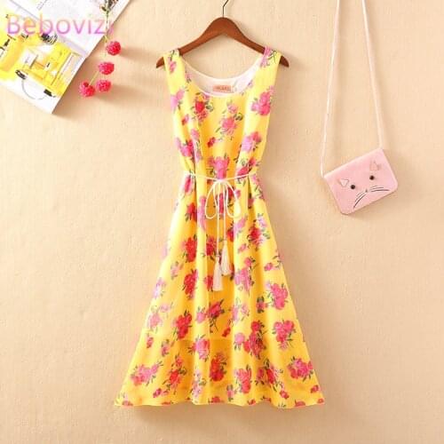 New 2020 Summer Yellow Red Pink Black Blue White Flowers Casual Chiffon Women Elegant Midi Dress Sleeveless Beach Long Dresses