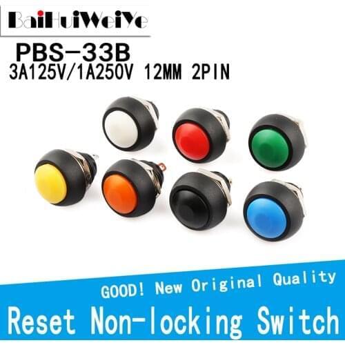5PCS/LOT PBS-33B 2Pin Mini Switch 12mm 1A/250V 3A/125V Waterproof momentary Push Button Switch Reset Non-locking PBS33B 1A 12V