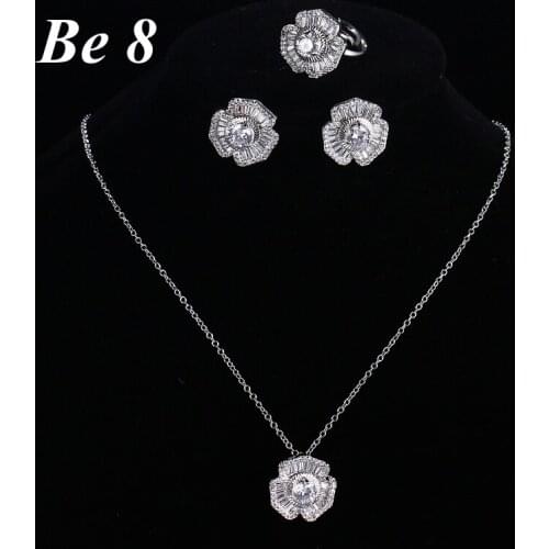 Be8 Brand Luxury Womens Jewelry Sets Inculding1 Pair Floral CZ Stud Earrings & 1 Flower Chain Pendant Necklace & Ring S-017