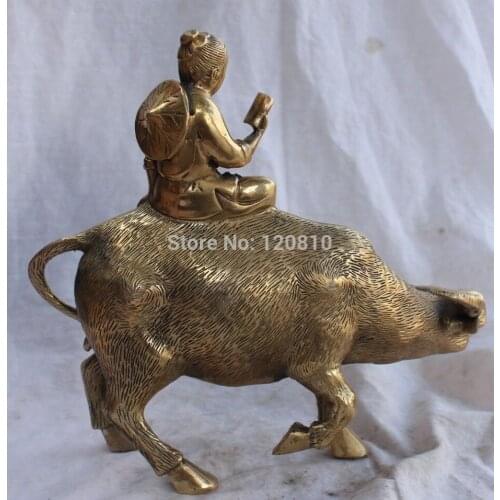 Free Shipping 11" Chinese Bronze Tongzi Kid Hold Book On Bull Oxen Ox Animal Statue Sculpture