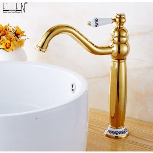 ELLEN Tall Bathroom Faucets Gold Hot Cold Water Mixer Tap Deck Mounted Crane Vessel Sink Faucet 5002Q