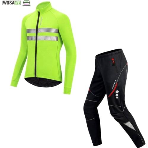 WOSAWE Men Cycling Jackets Winter Windbreaker MTB Coat Bike Jacket Keep Warm Breathable Reflective Cycling Fleece Pants Set