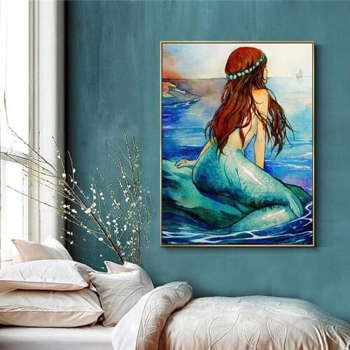Nordic Style Abstract Painted Mermaid Wall Art Canvas Painting Posters and Prints Decorative Picture Modern Home Decoration