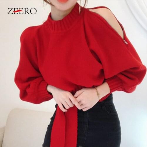 Autumn Winter Knitted Women Loose Bat sleeve Pullover Sweater Female Sexy Zipper Strapless Casual Warm Sweaters Turtleneck Tops