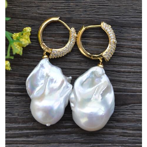 P7690 QQ A++ 30mm Baroque Keshi Reborn Pearl Dangle Earring CZ