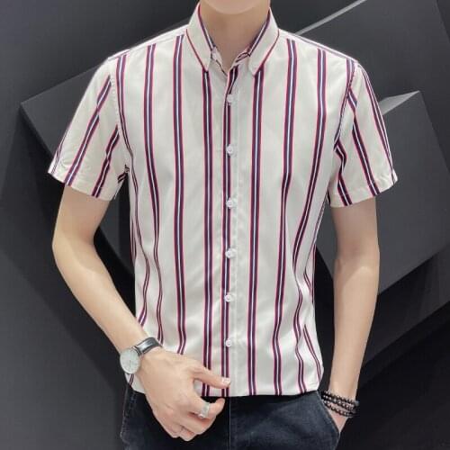 Plus Size 5XL-M Korean Summer Short Sleeve Striped Shirt Men Clothing 2021 All Match Slim Fit Business Casual Chemise Homme Sale