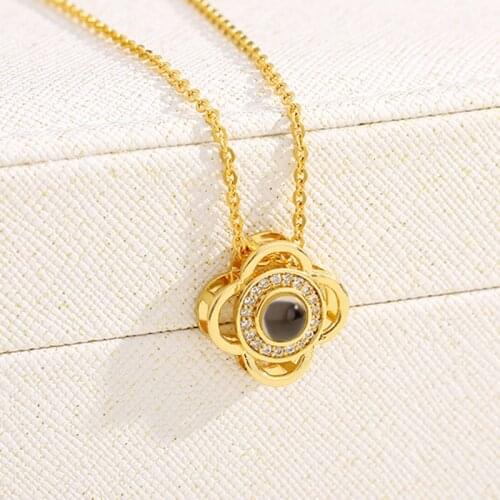 Romantic Flower Projection Necklace Love Memory Wedding Necklace Rose Gold & Silver 100 languages I love you Projection Pendant