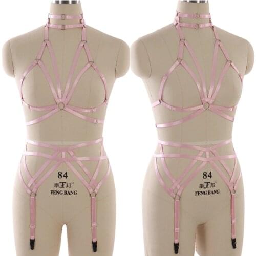 Pink Body Harness Goth garter Set Halloween Sexy Lingerie Bondage Harness Elastic Body Harness Cage bra Wedding Leg Garter Belt