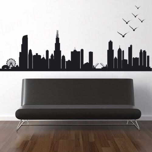 Chicago Skyline Silhouette Wall Sticker Decal Custom Vinyl Art Poster Skyline Living Room Mural WL1616