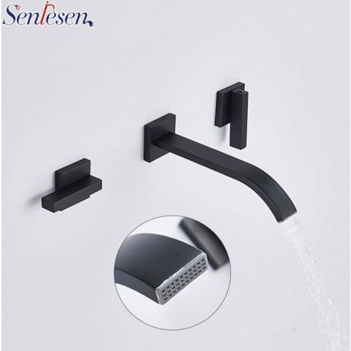 Senlesen Basin Faucet Black Wall Mount Black Double Handles Cold and Hot Water Mixer Tap Para Bathroom Sink