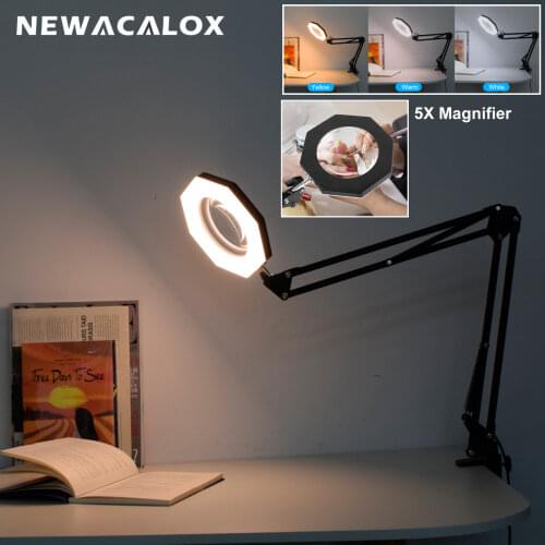 NEWACALOX 5X LED Illuminated Magnifying Glass Indoor Lighting Table Lamp Reading /Welding/Office Desk Lamp Lighting Tools