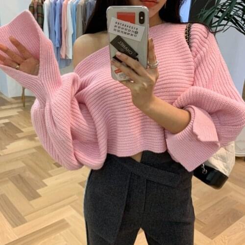 Pink Loose Slash Neck Off Shoulder Split Lantern Sleeve Knitted Sweater Women Sexy Fashion Short Crop Sweaters Top