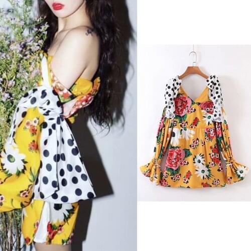 Za 2020 fashion women Chiffon Dress Hit color Strapless Folds Black dots Flower pattern Yellow black white mix v- neck vestidos