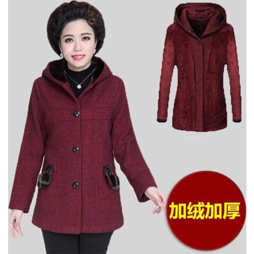 Womens clothing Autumn and winter new Hooded middle - aged mother fitted sweater thick Keep warm Plus cashmere woolen coat A