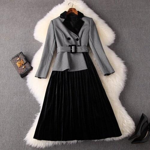 European and American womens clothing 2019 winter new style Long sleeve lapel Bright silk patchwork velvet pleated dress