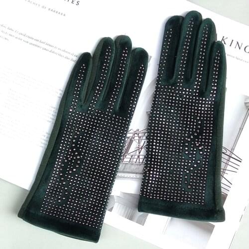 Fashion Womens Diamond Full Finger Touch Screen Gloves Winter Plus Velvet Warm Driving Gloves Suede Thick Rhinestone Gloves D72
