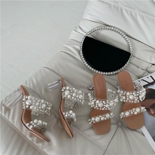 2021 New PVC Transparent Strap Pearl Decoration Slippers Summer Open Toe Clear Crystal High Heels Women Shoes Sandals