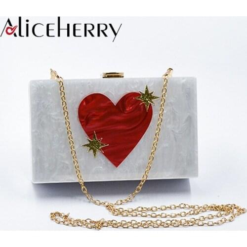 Acrylic Box Clutches Women Messenger Shoulder Chains Day Clutches Lady Fashion Flap Heart Love Pattern Acrylic Evening Purse Bag
