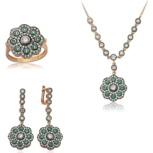 Silver Green Cubic Zirconia Flower Women 'S Set