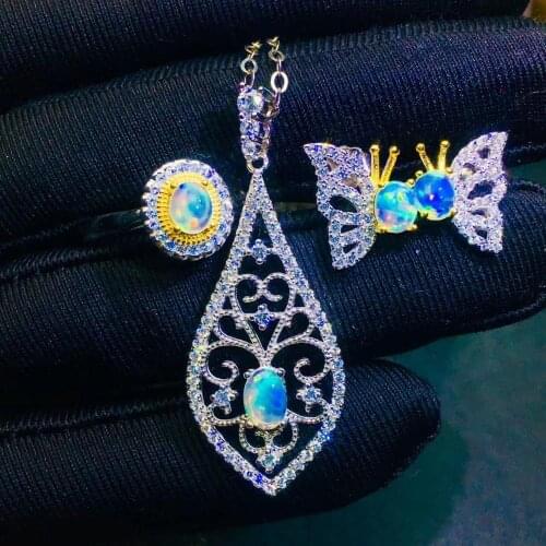 Natural opal ring Pendant earrings Natural Gemstone Jewelry Set S925 Silver Restoring geometry Butterfly Women party jewelry