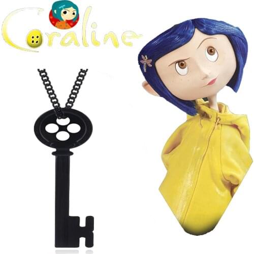 Movie Coraline Pendants Necklace Cartoon Black Button Key Skull Collar Necklace for Women Christmas Jewelry Gift