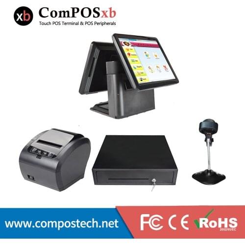 15 inch Supermarket pos system pos all ine one cash register dual screen pos terminal with 80mm receipt printer cash drawer
