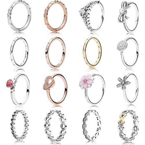 16 Style Women Silver Color Rings With Rose Gold Flower Lucky Eight Crystal Ring For Women Jewelry