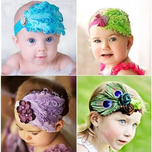 5Pcs/Set Colorful Feathers Diamonds Elastic Children Headband Newborn Baby Girl Headbands Hair Accessories Girls Haarband