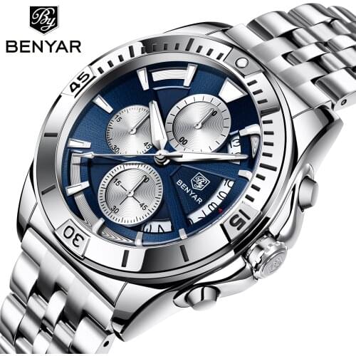 BENYAR 2021 New Mens Watch Top Luxury Brand Quartz Watches Mens Fashion Stainless Steel Strap Waterproof Luminous Wristwatches
